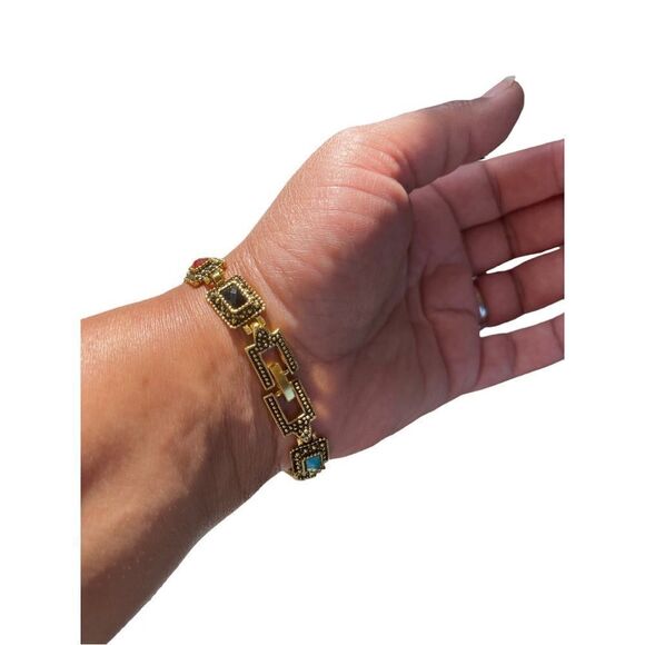 Costume jewelry colorful rectangular shape design gold tone  bracelet - Picture 7 of 10